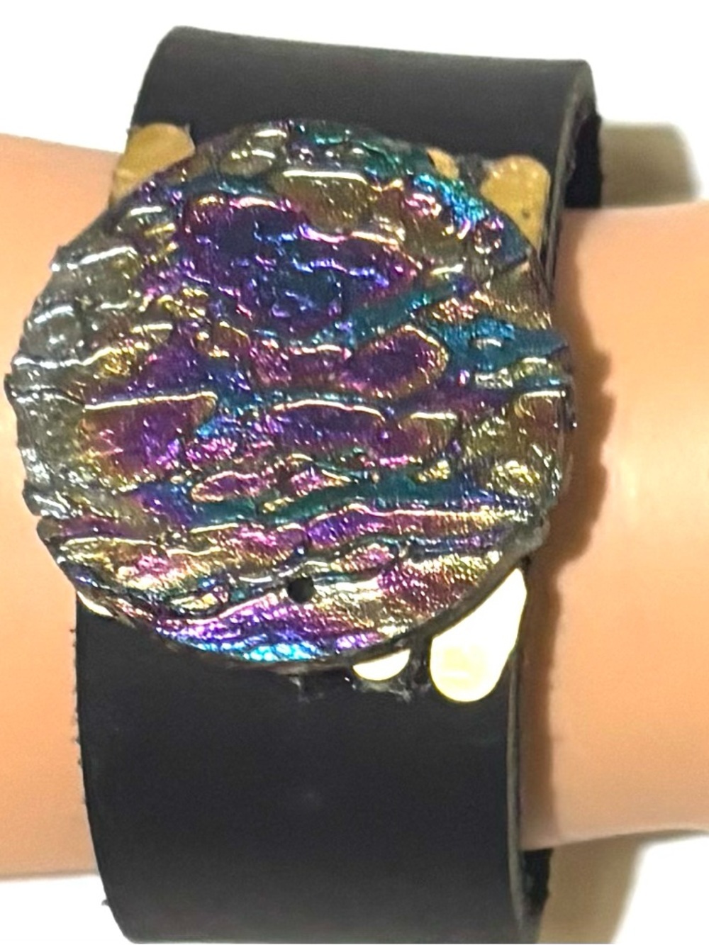 Iridescent Multicolor Round Disk Cuff Bracelet